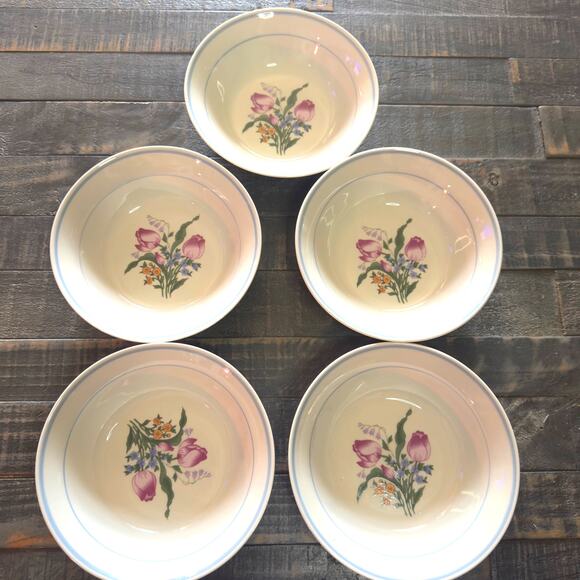 Vintage Kitchen Pink Tulip 6 7/8" Stoneware Dinner Bowls Set Of 5 - Picture 5 of 6